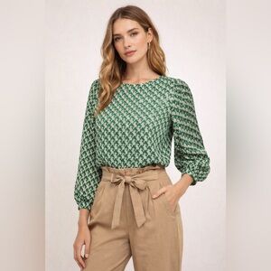 Esqualo Blouse Puff Geo Green Geometric Print Top Size 8 Puff Sleeve Viscose